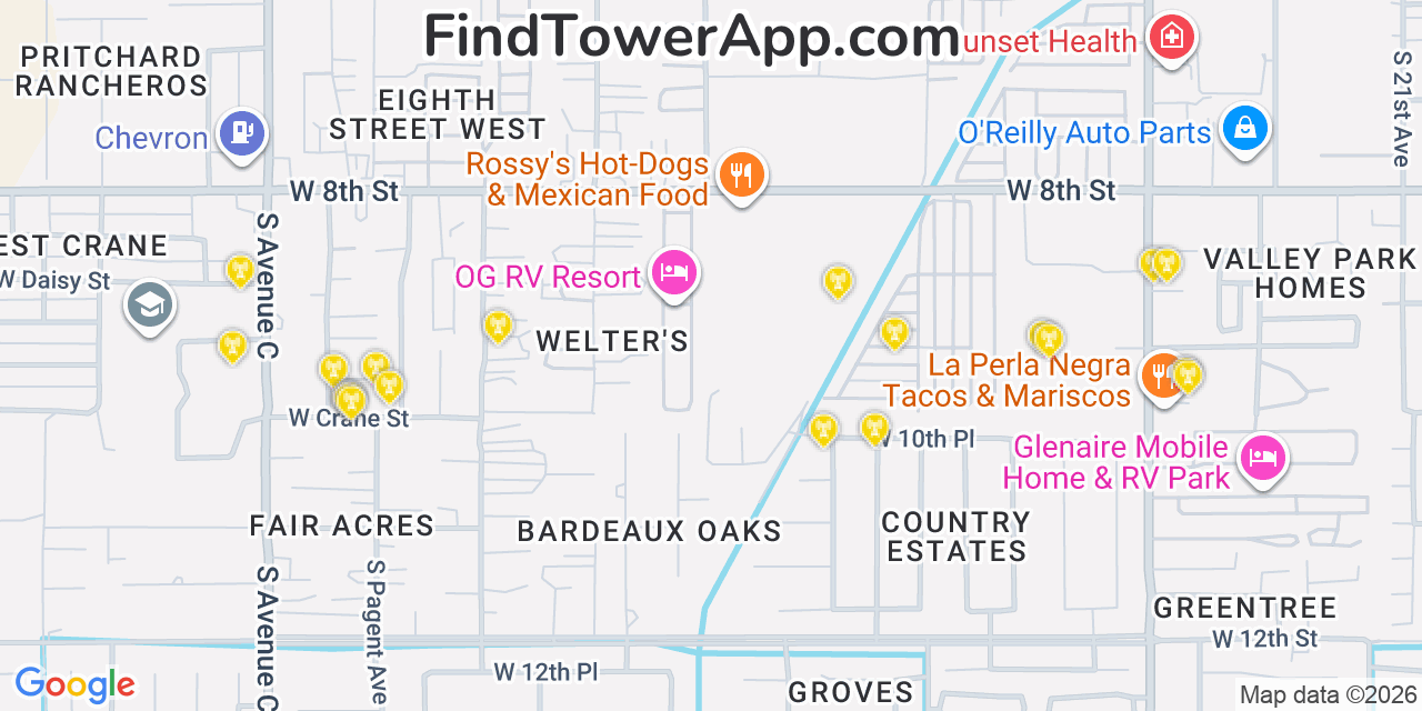 Map showing the 20 primary cell tower locations detected in Avenue B And C, Arizona from AT&T, Verizon, and T-Mobile networks