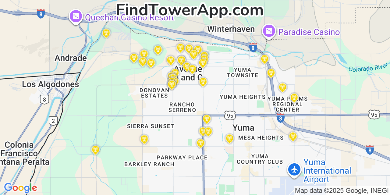 Map showing the 39 primary T-Mobile cell tower locations detected in Avenue B And C, Arizona with coverage radius and signal strength indicators