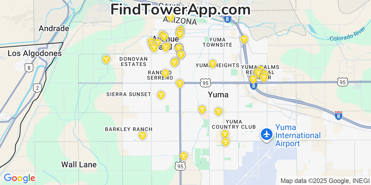 Map showing the 37 primary Verizon cell tower locations detected in Avenue B And C, Arizona with coverage radius and signal strength indicators