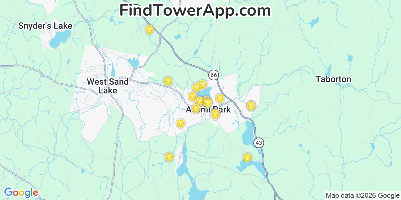 Map showing the 20 primary cell tower locations detected in Averill Park, New York from AT&T, Verizon, and T-Mobile networks