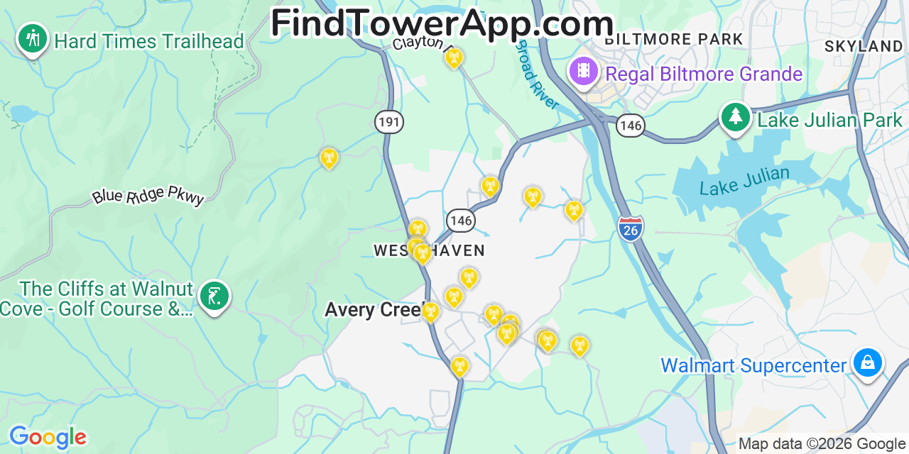 Map showing the 20 primary cell tower locations detected in Avery Creek, North Carolina from AT&T, Verizon, and T-Mobile networks