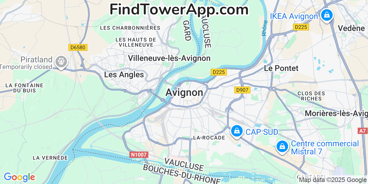 Map showing the 0 primary Free cell tower locations detected in Avignon, France with coverage radius and signal strength indicators