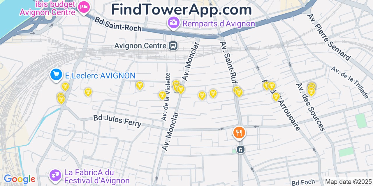Map showing the 20 primary cell tower locations detected in Avignon, France with coverage areas and signal strength