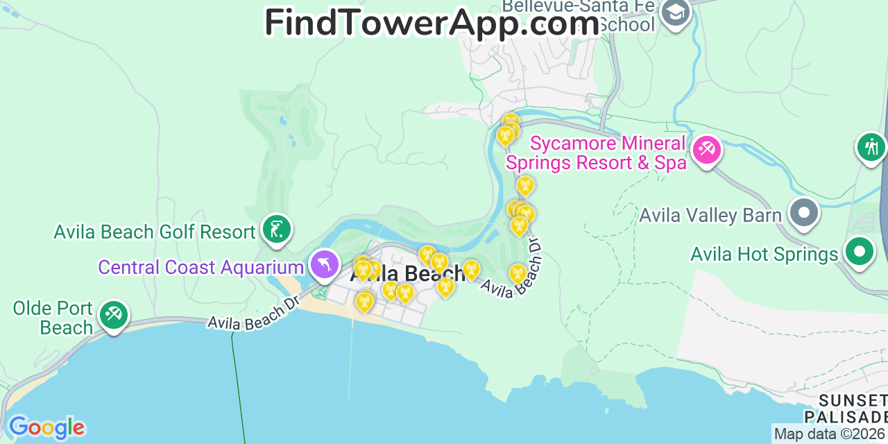 Map showing the 20 primary cell tower locations detected in Avila Beach, California from AT&T, Verizon, and T-Mobile networks