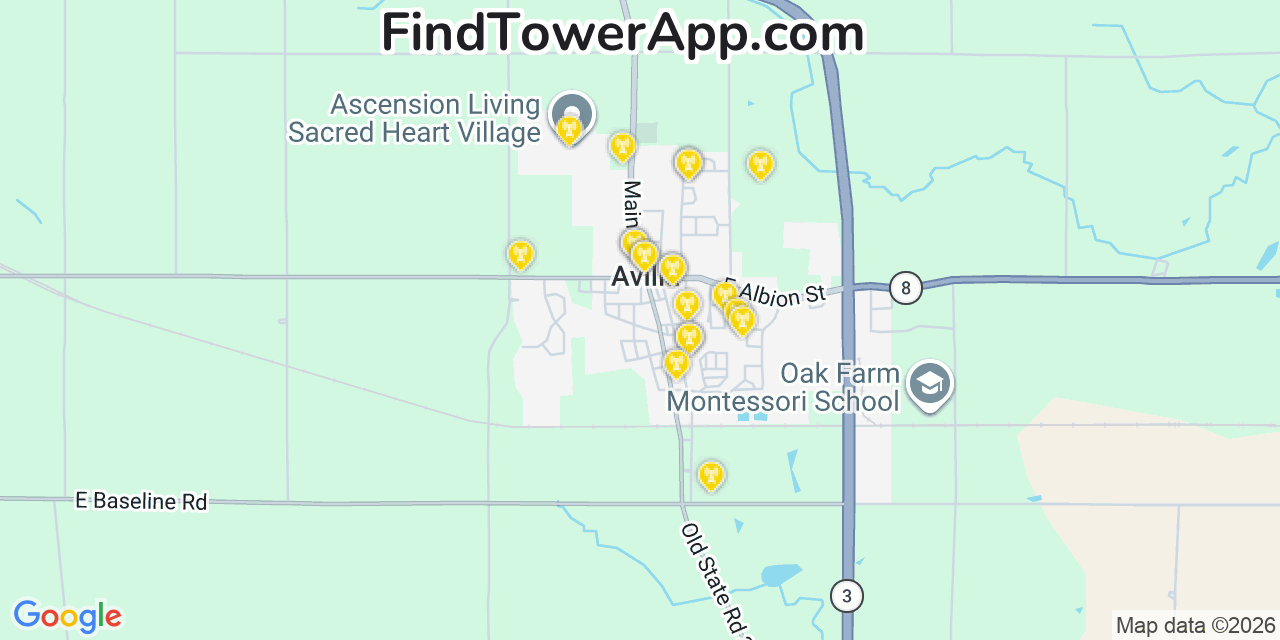 Map showing the 20 primary cell tower locations detected in Avilla, Indiana from AT&T, Verizon, and T-Mobile networks