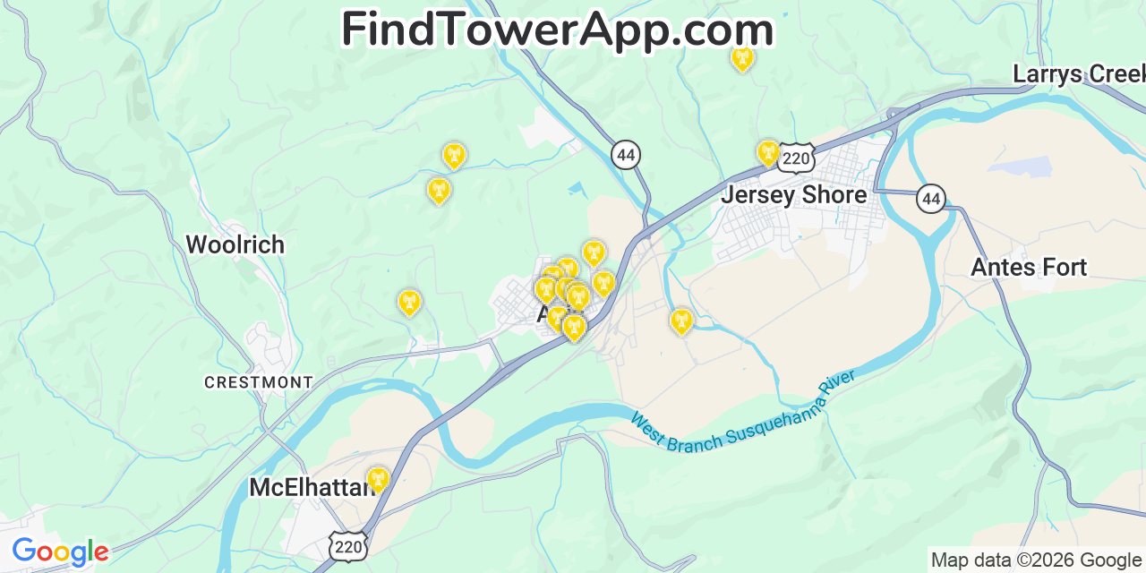 Map showing the 20 primary cell tower locations detected in Avis, Pennsylvania from AT&T, Verizon, and T-Mobile networks