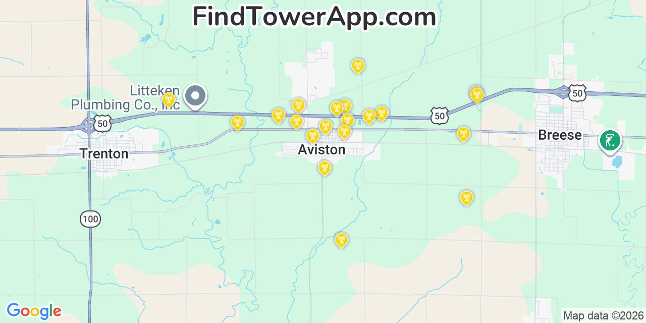 Map showing the 20 primary cell tower locations detected in Aviston, Illinois from AT&T, Verizon, and T-Mobile networks