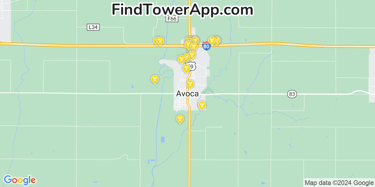 AT&T 4G/5G cell tower coverage map Avoca, Iowa