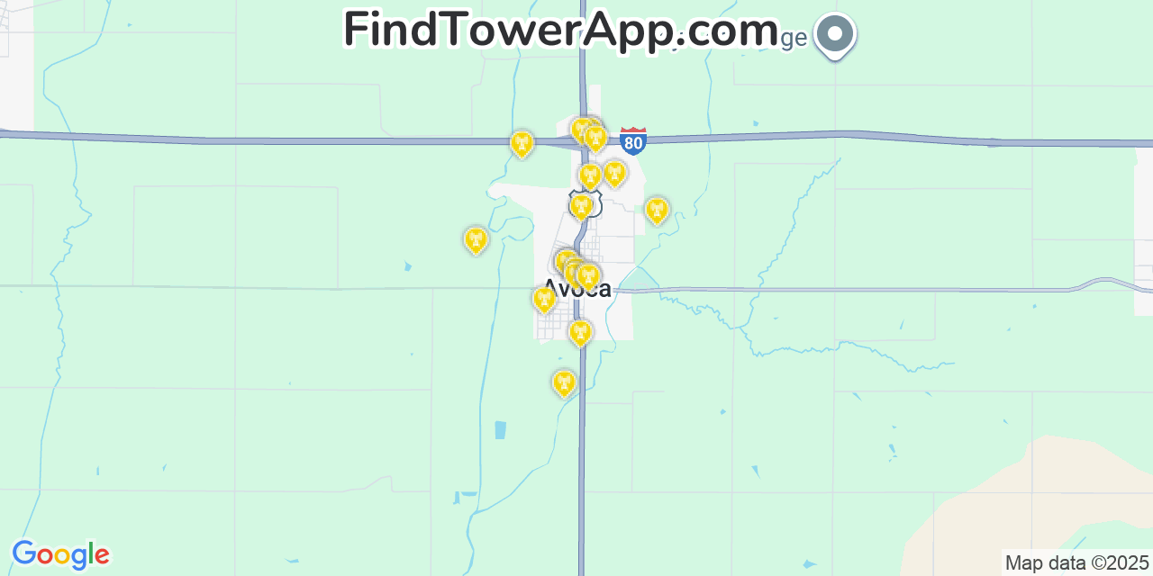 Map showing the 20 primary cell tower locations detected in Avoca, Iowa from AT&T, Verizon, and T-Mobile networks