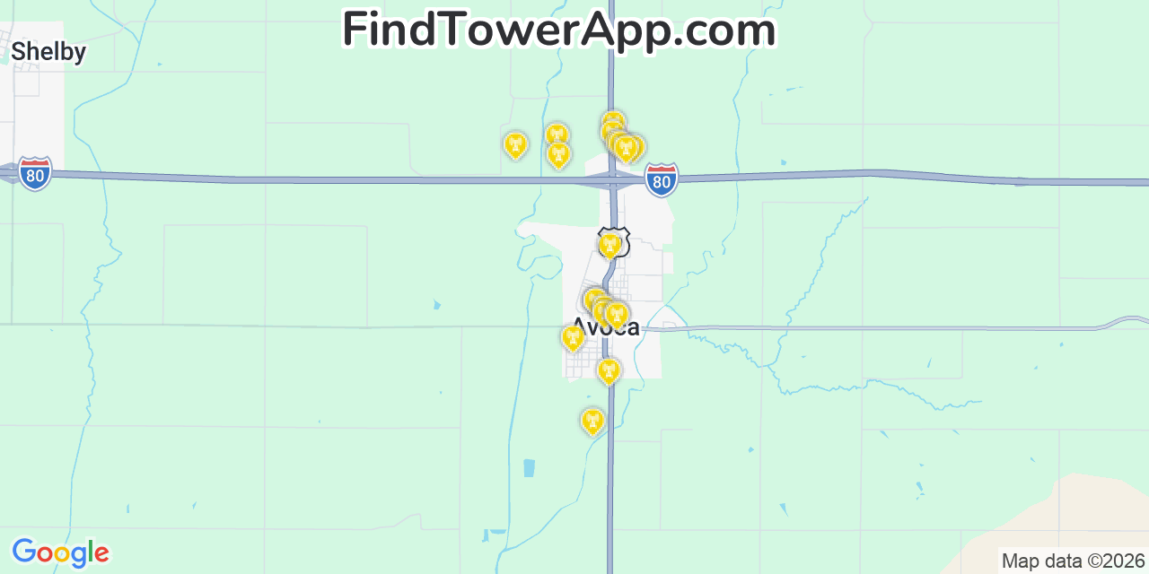 Map showing the 20 primary cell tower locations detected in Avoca, Iowa from AT&T, Verizon, and T-Mobile networks