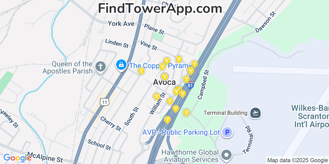 Map showing the 20 primary cell tower locations detected in Avoca, Pennsylvania from AT&T, Verizon, and T-Mobile networks