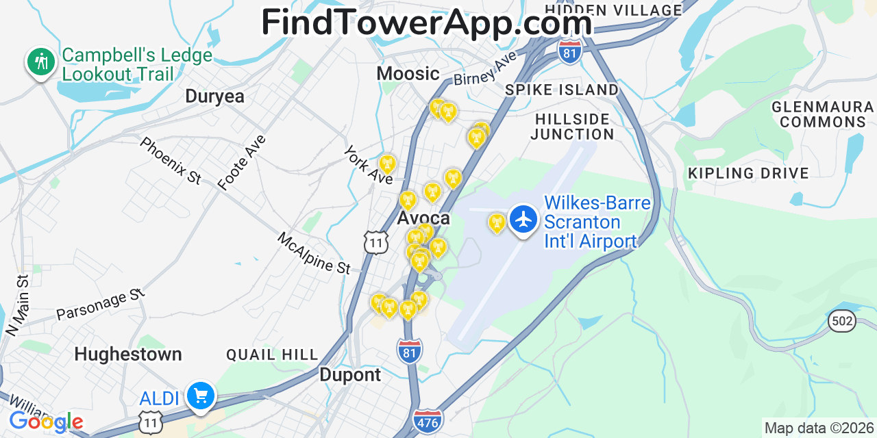Map showing the 20 primary cell tower locations detected in Avoca, Pennsylvania from AT&T, Verizon, and T-Mobile networks