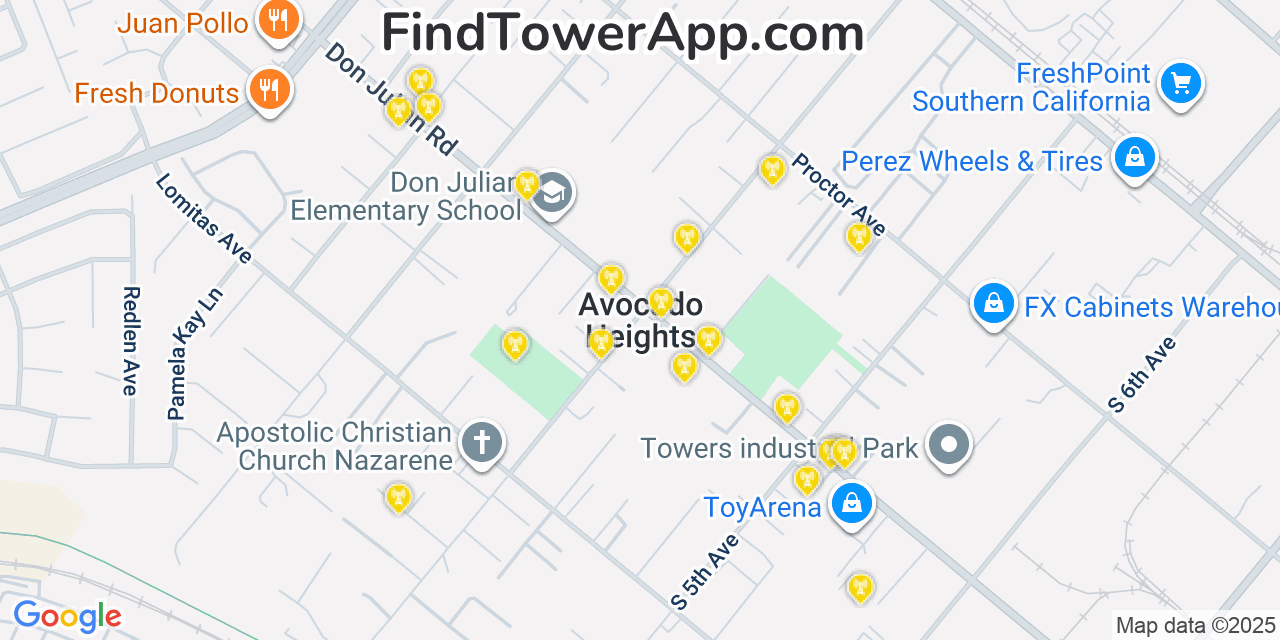 Map showing the 20 primary cell tower locations detected in Avocado Heights, California from AT&T, Verizon, and T-Mobile networks