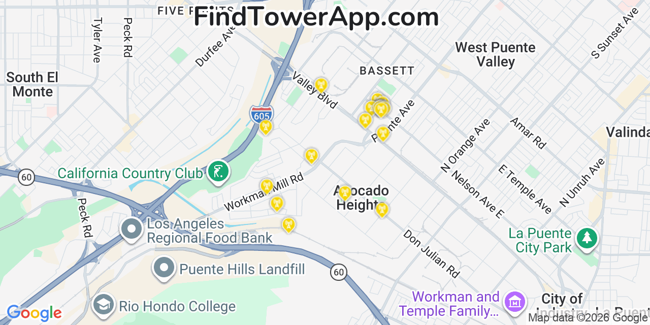 Map showing the 20 primary cell tower locations detected in Avocado Heights, California from AT&T, Verizon, and T-Mobile networks