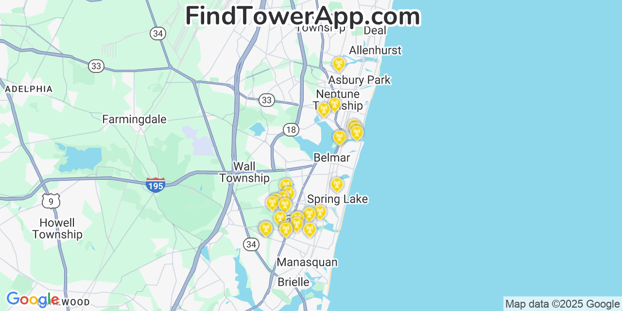 Map showing the 26 primary AT&T cell tower locations detected in Avon By The Sea, New Jersey with coverage radius and signal strength indicators