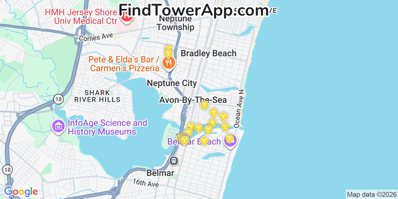 Map showing the 20 primary cell tower locations detected in Avon By The Sea, New Jersey from AT&T, Verizon, and T-Mobile networks