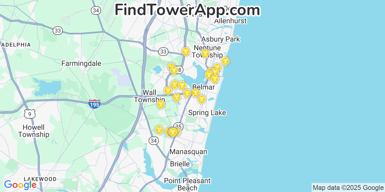 Map showing the 25 primary T-Mobile cell tower locations detected in Avon By The Sea, New Jersey with coverage radius and signal strength indicators