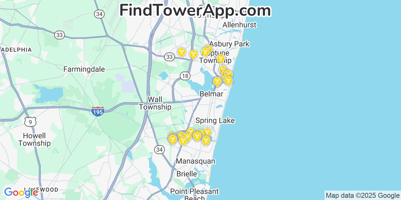 Map showing the 29 primary Verizon cell tower locations detected in Avon By The Sea, New Jersey with coverage radius and signal strength indicators