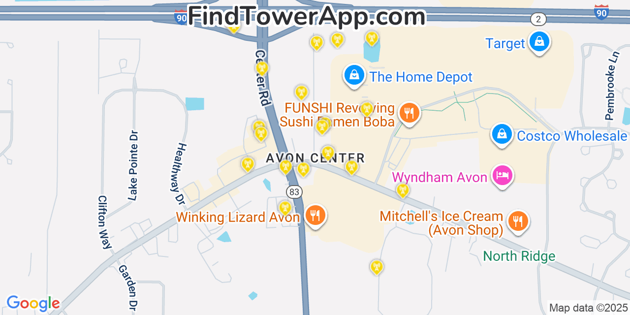 Map showing the 20 primary cell tower locations detected in Avon Center, Ohio from AT&T, Verizon, and T-Mobile networks