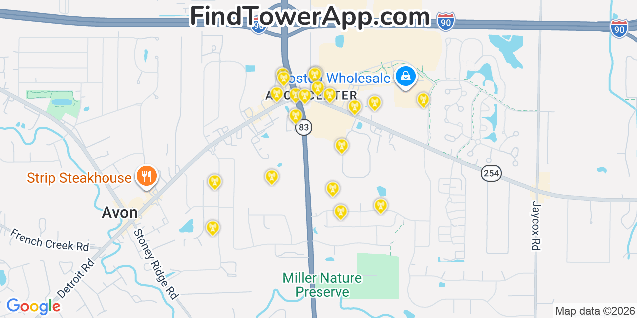 Map showing the 20 primary cell tower locations detected in Avon Center, Ohio from AT&T, Verizon, and T-Mobile networks