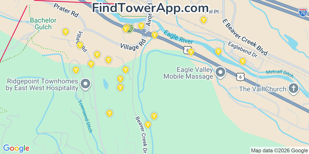 Map showing the 20 primary cell tower locations detected in Avon, Colorado from AT&T, Verizon, and T-Mobile networks