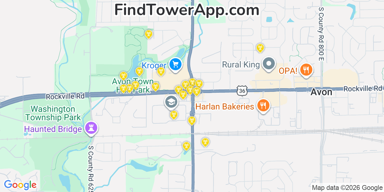 Map showing the 20 primary cell tower locations detected in Avon, Indiana from AT&T, Verizon, and T-Mobile networks