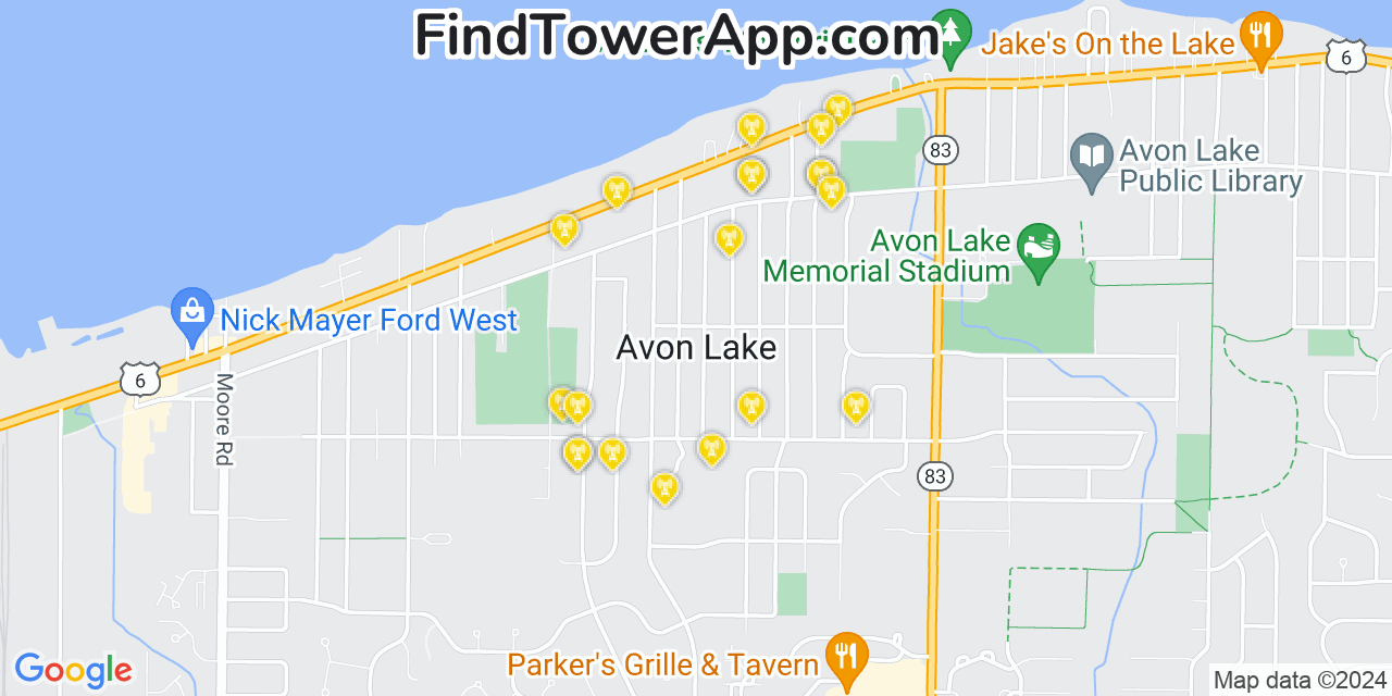 AT&T 4G/5G cell tower coverage map Avon Lake, Ohio