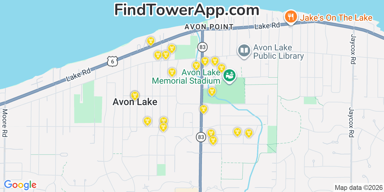 Map showing the 20 primary cell tower locations detected in Avon Lake, Ohio from AT&T, Verizon, and T-Mobile networks