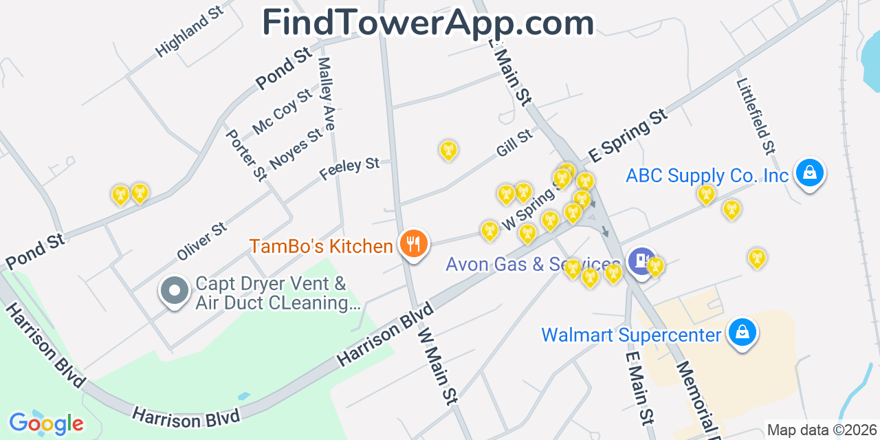 Map showing the 20 primary cell tower locations detected in Avon, Massachusetts from AT&T, Verizon, and T-Mobile networks