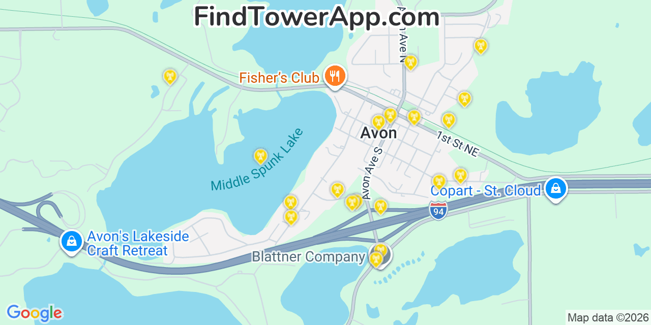 Map showing the 20 primary cell tower locations detected in Avon, Minnesota from AT&T, Verizon, and T-Mobile networks