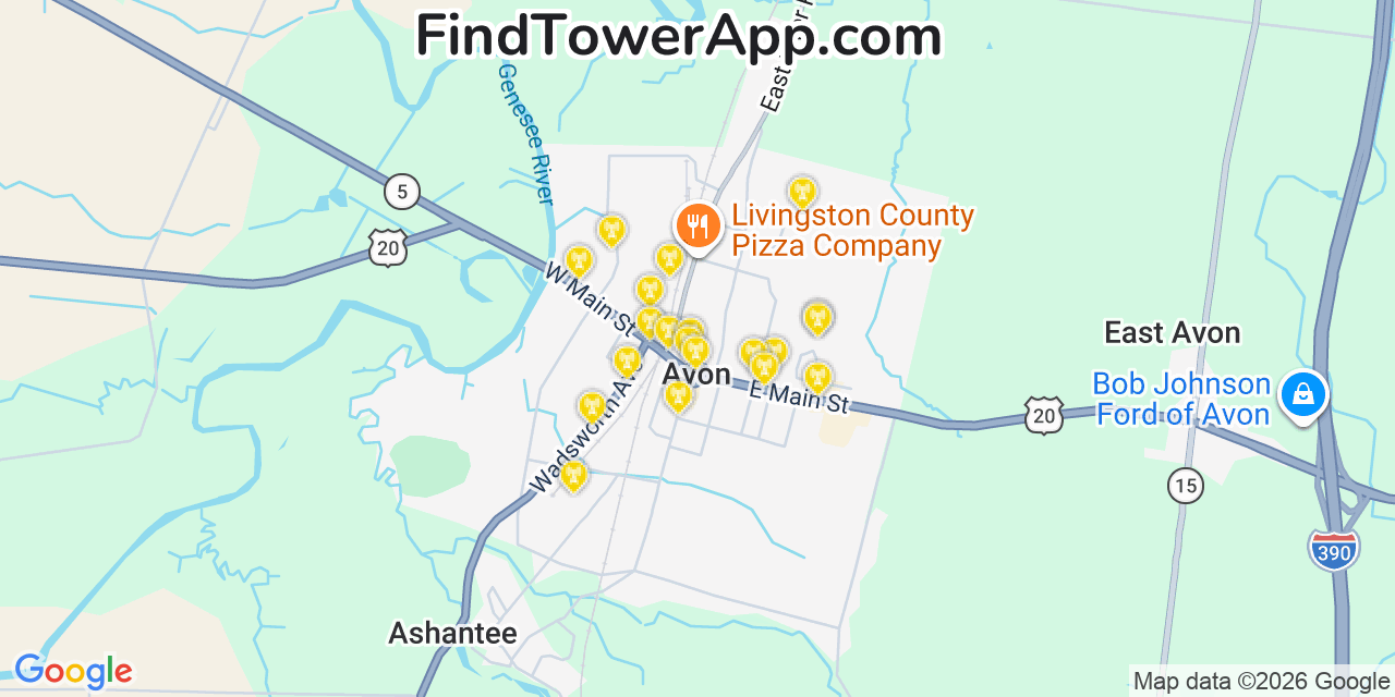 Map showing the 20 primary cell tower locations detected in Avon, New York from AT&T, Verizon, and T-Mobile networks