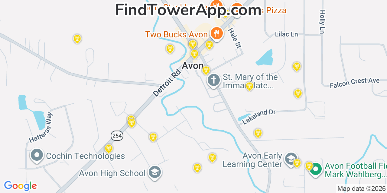 Map showing the 20 primary cell tower locations detected in Avon, Ohio from AT&T, Verizon, and T-Mobile networks