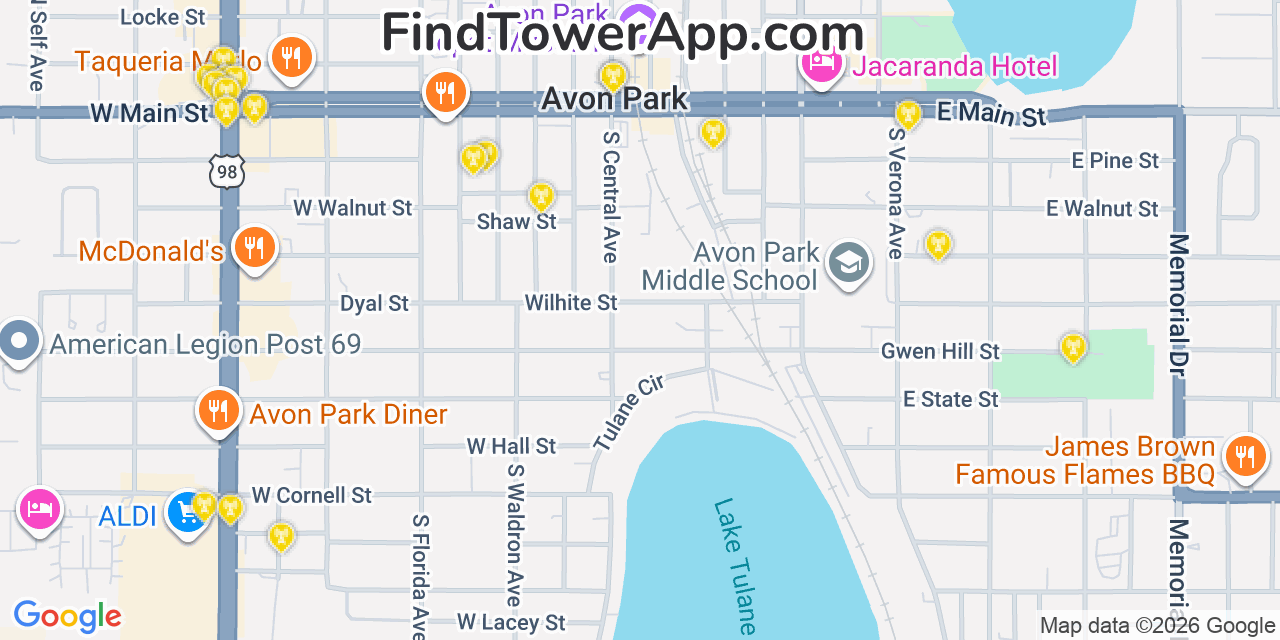 Map showing the 20 primary cell tower locations detected in Avon Park, Florida from AT&T, Verizon, and T-Mobile networks