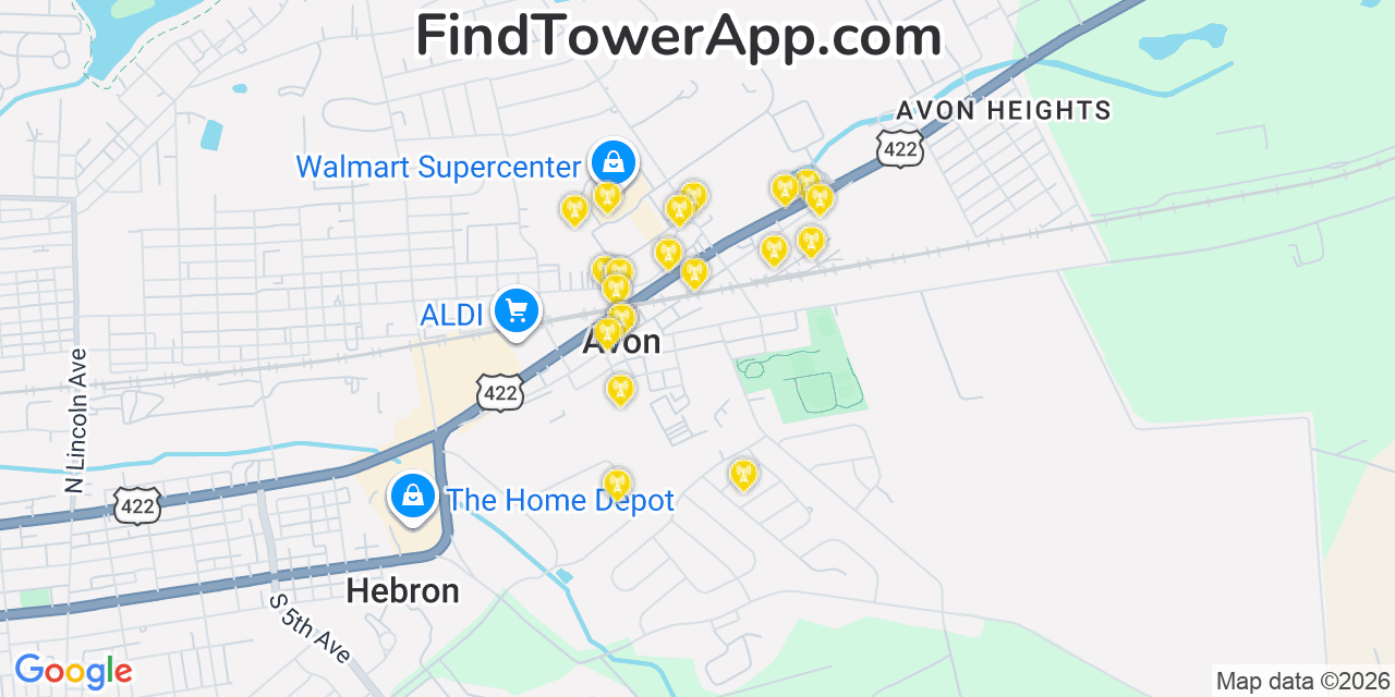 Map showing the 20 primary cell tower locations detected in Avon, Pennsylvania from AT&T, Verizon, and T-Mobile networks