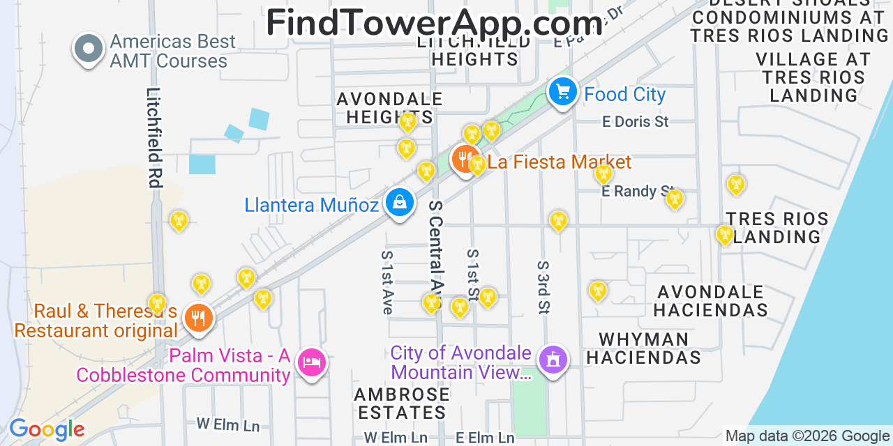 Map showing the 20 primary cell tower locations detected in Avondale, Arizona from AT&T, Verizon, and T-Mobile networks