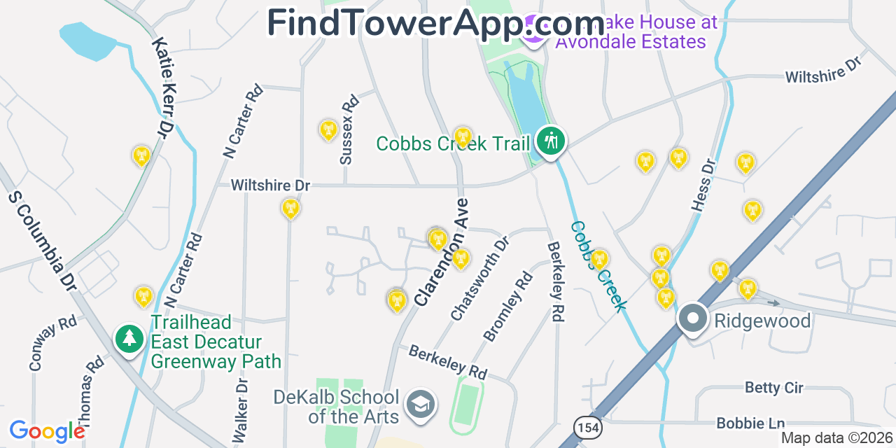 Map showing the 20 primary cell tower locations detected in Avondale Estates, Georgia from AT&T, Verizon, and T-Mobile networks
