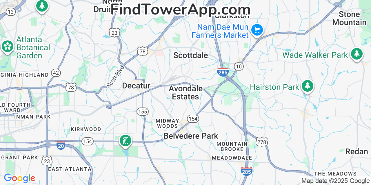 Map showing the 20 primary Mobitel cell tower locations detected in Avondale Estates, Georgia with coverage radius and signal strength indicators
