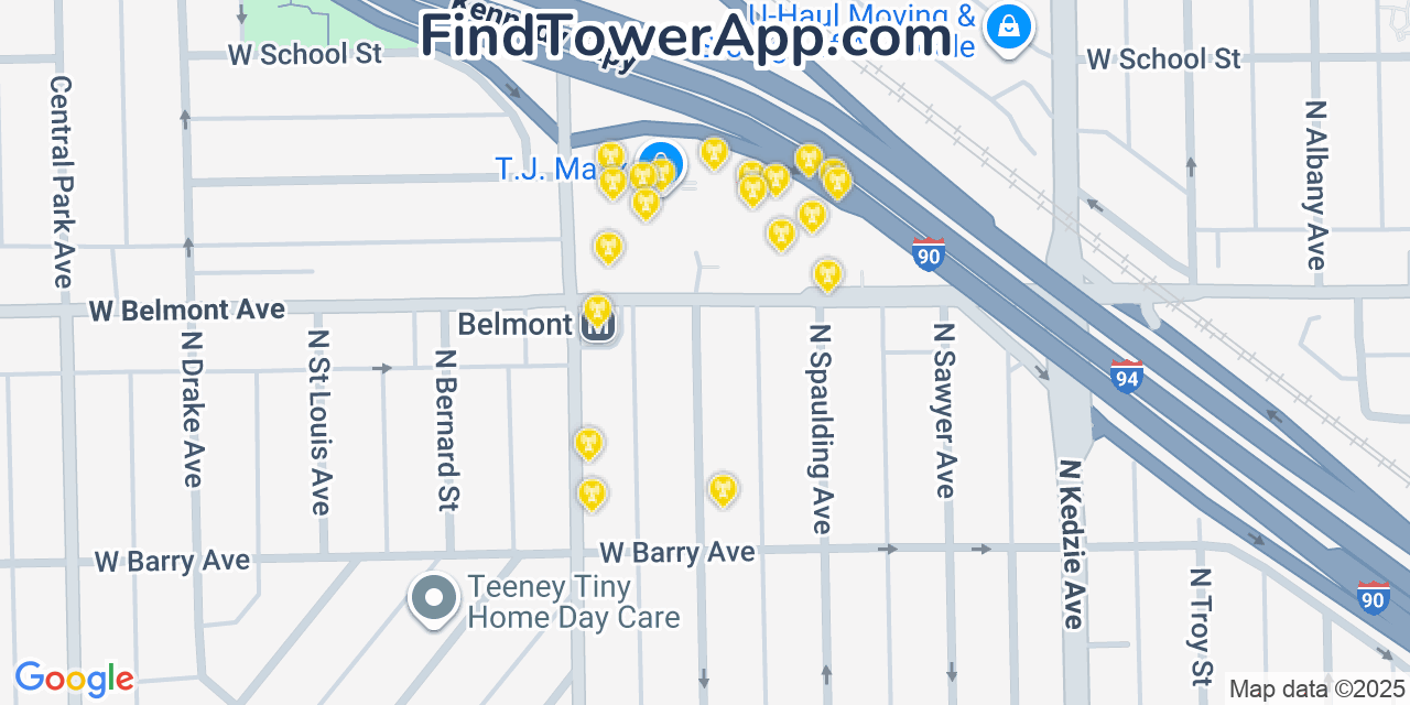 Map showing the 20 primary cell tower locations detected in Avondale, Illinois from AT&T, Verizon, and T-Mobile networks