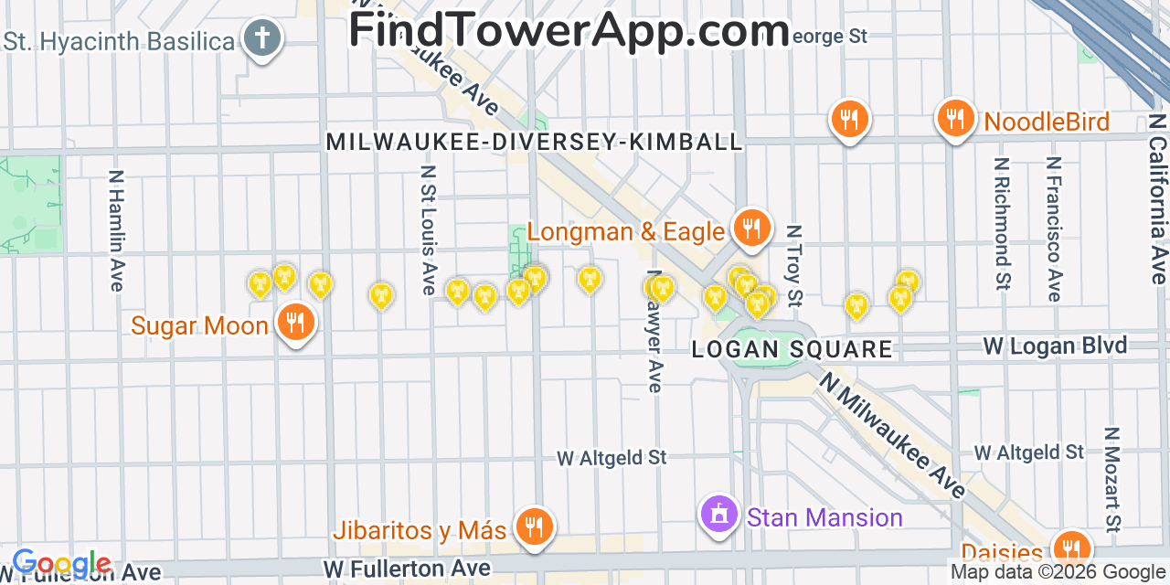 Map showing the 20 primary cell tower locations detected in Avondale, Illinois from AT&T, Verizon, and T-Mobile networks