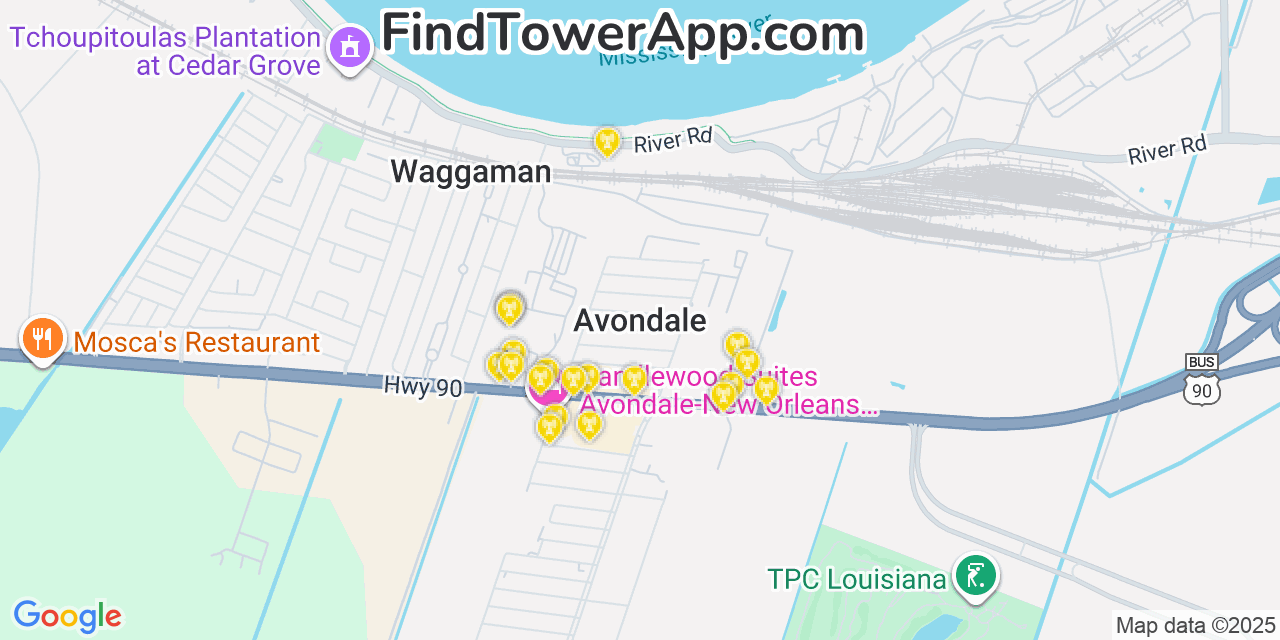 Map showing the 20 primary cell tower locations detected in Avondale, Louisiana from AT&T, Verizon, and T-Mobile networks