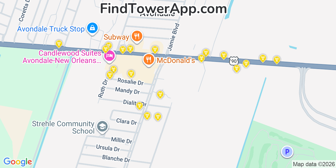 Map showing the 20 primary cell tower locations detected in Avondale, Louisiana from AT&T, Verizon, and T-Mobile networks