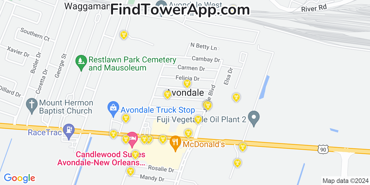 Verizon 4G/5G cell tower coverage map Avondale, Louisiana