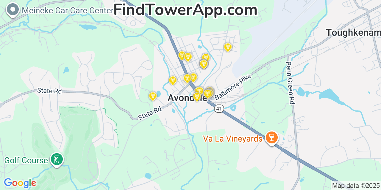 Map showing the 20 primary cell tower locations detected in Avondale, Pennsylvania from AT&T, Verizon, and T-Mobile networks