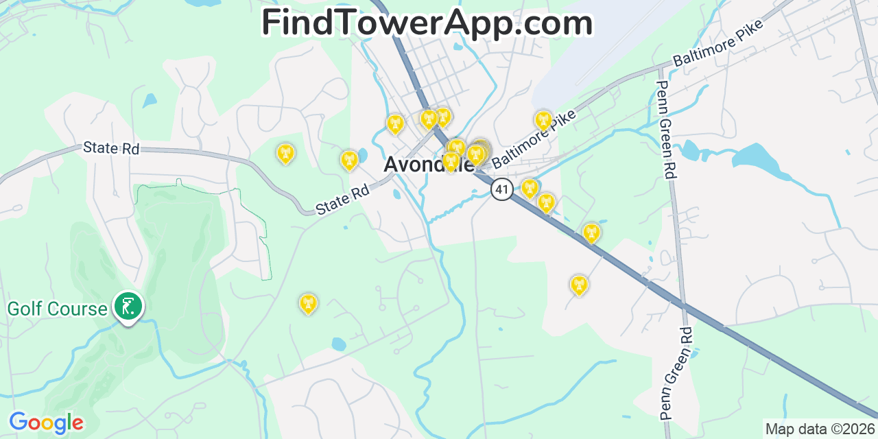 Map showing the 20 primary cell tower locations detected in Avondale, Pennsylvania from AT&T, Verizon, and T-Mobile networks