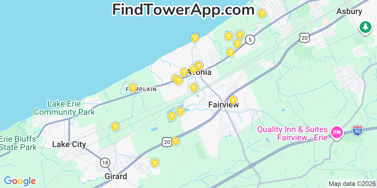 Map showing the 20 primary cell tower locations detected in Avonia, Pennsylvania from AT&T, Verizon, and T-Mobile networks