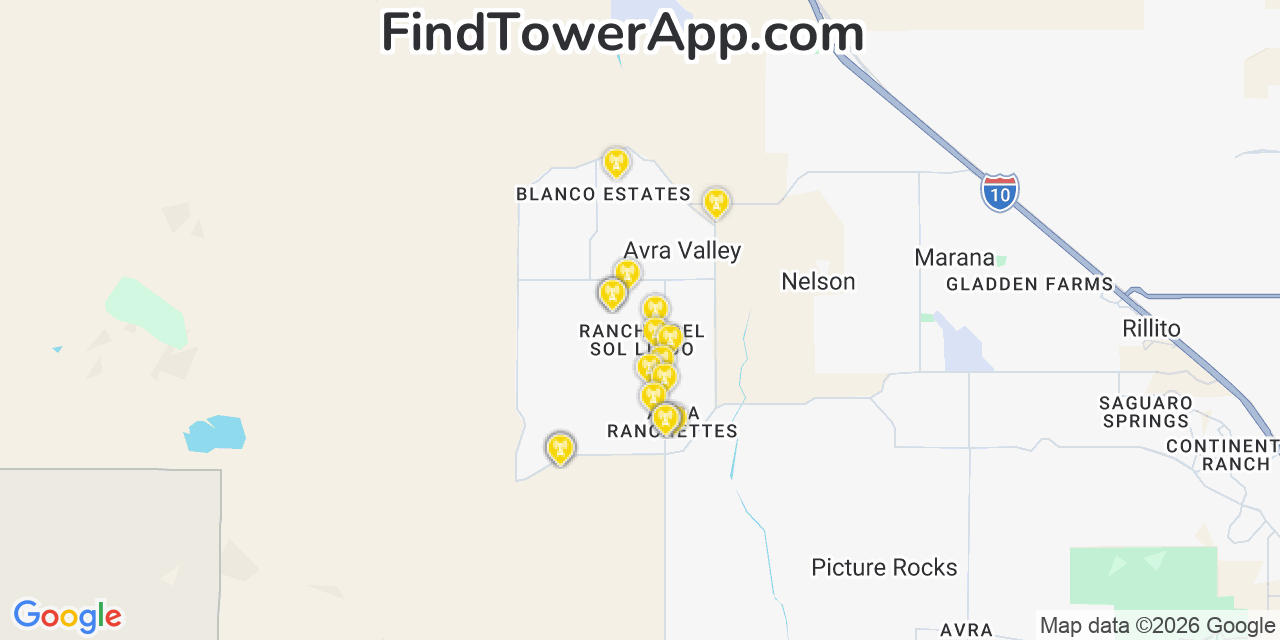 Map showing the 20 primary cell tower locations detected in Avra Valley, Arizona from AT&T, Verizon, and T-Mobile networks