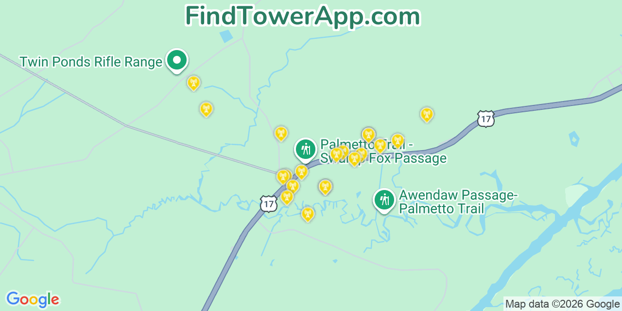 Map showing the 20 primary cell tower locations detected in Awendaw, South Carolina from AT&T, Verizon, and T-Mobile networks