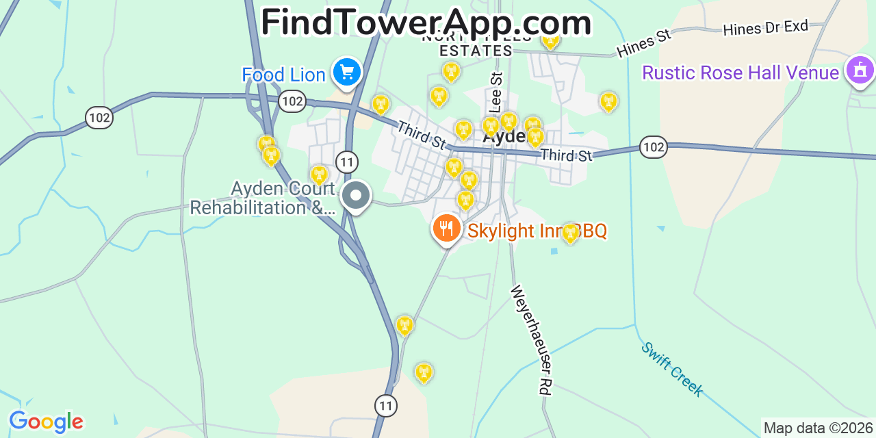 Map showing the 20 primary cell tower locations detected in Ayden, North Carolina from AT&T, Verizon, and T-Mobile networks