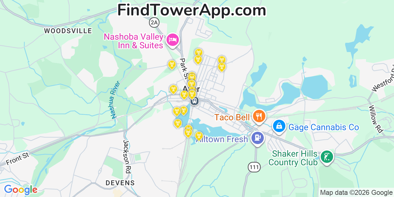 Map showing the 20 primary cell tower locations detected in Ayer, Massachusetts from AT&T, Verizon, and T-Mobile networks