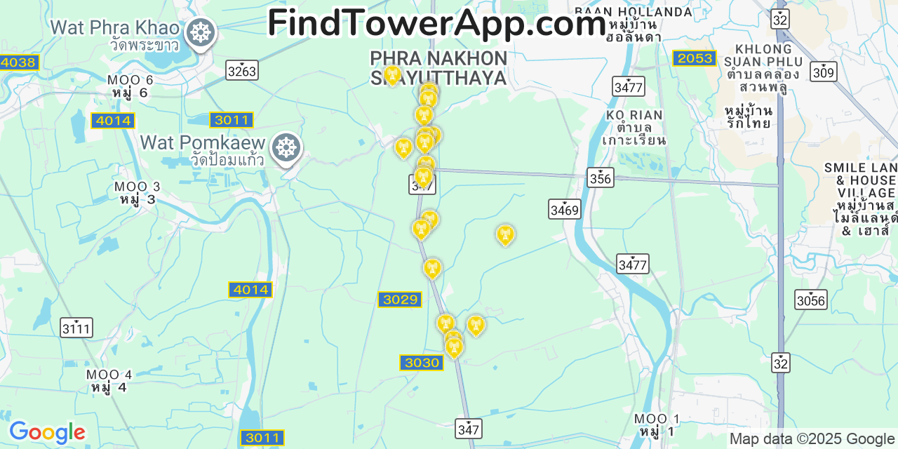 Map showing the 20 primary cell tower locations detected in Ayutthaya, Thailand with coverage areas and signal strength
